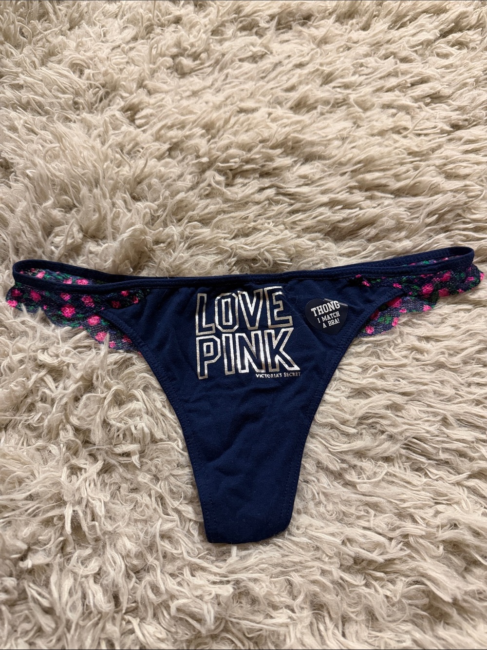 NWT Victoria’s Secret PINK Rare Navy Blue Foil Floral Lace Back Thong VTG Small